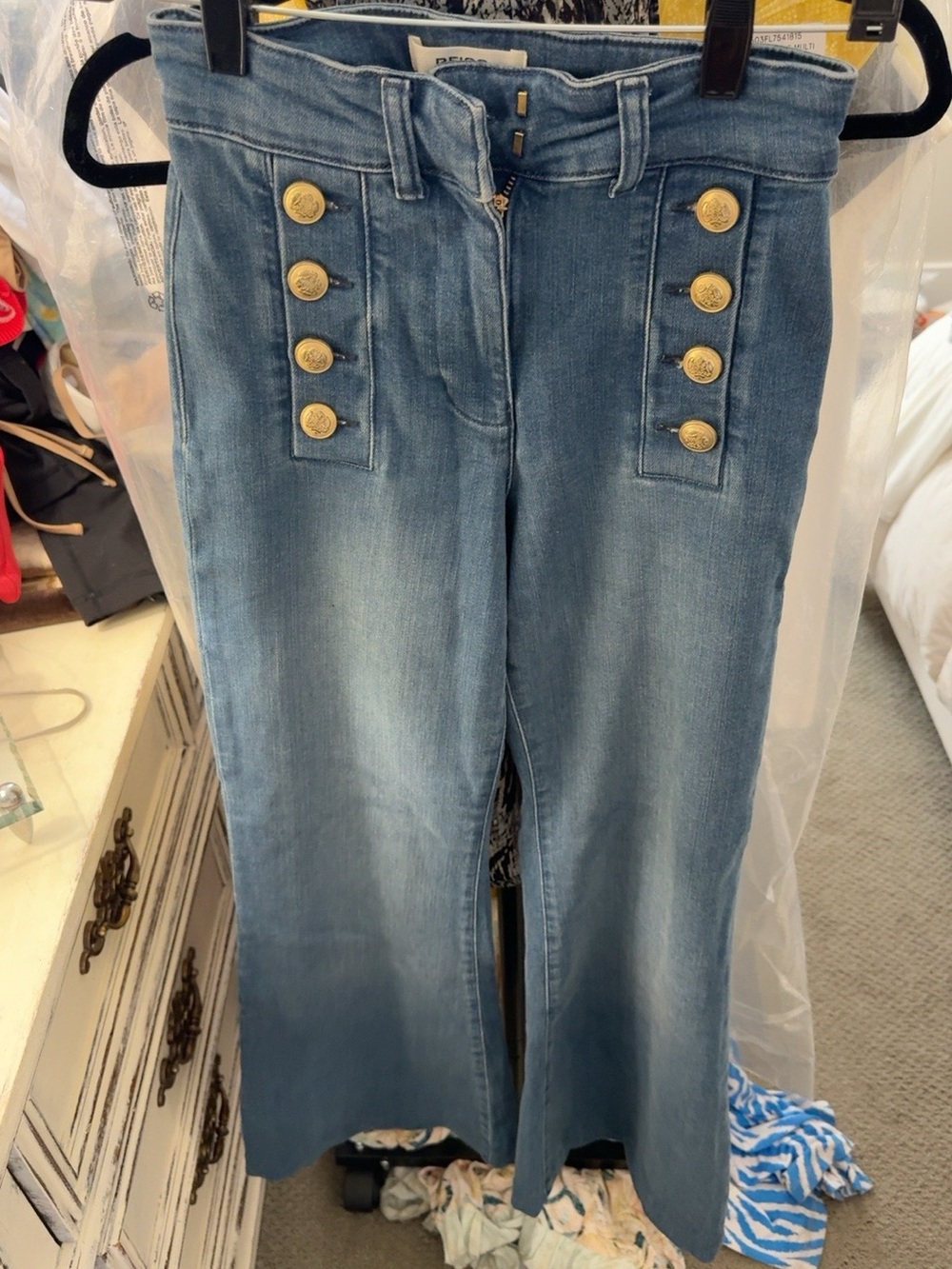 Reiss High-Rise Wide-Leg Jeans with Gold Buttons - Blue Denim